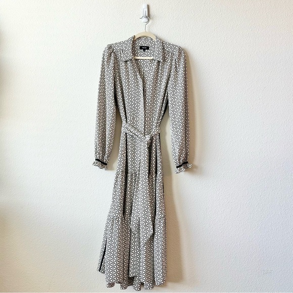 ME+EM Geo Flower Print Belted Midi Shirt Dress Cream Size 6 - Picture 3 of 10